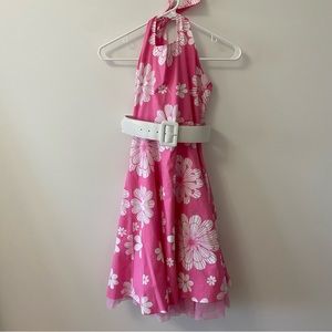 RARE EDITIONS RETRO PINK FLORAL HALTER DRESS